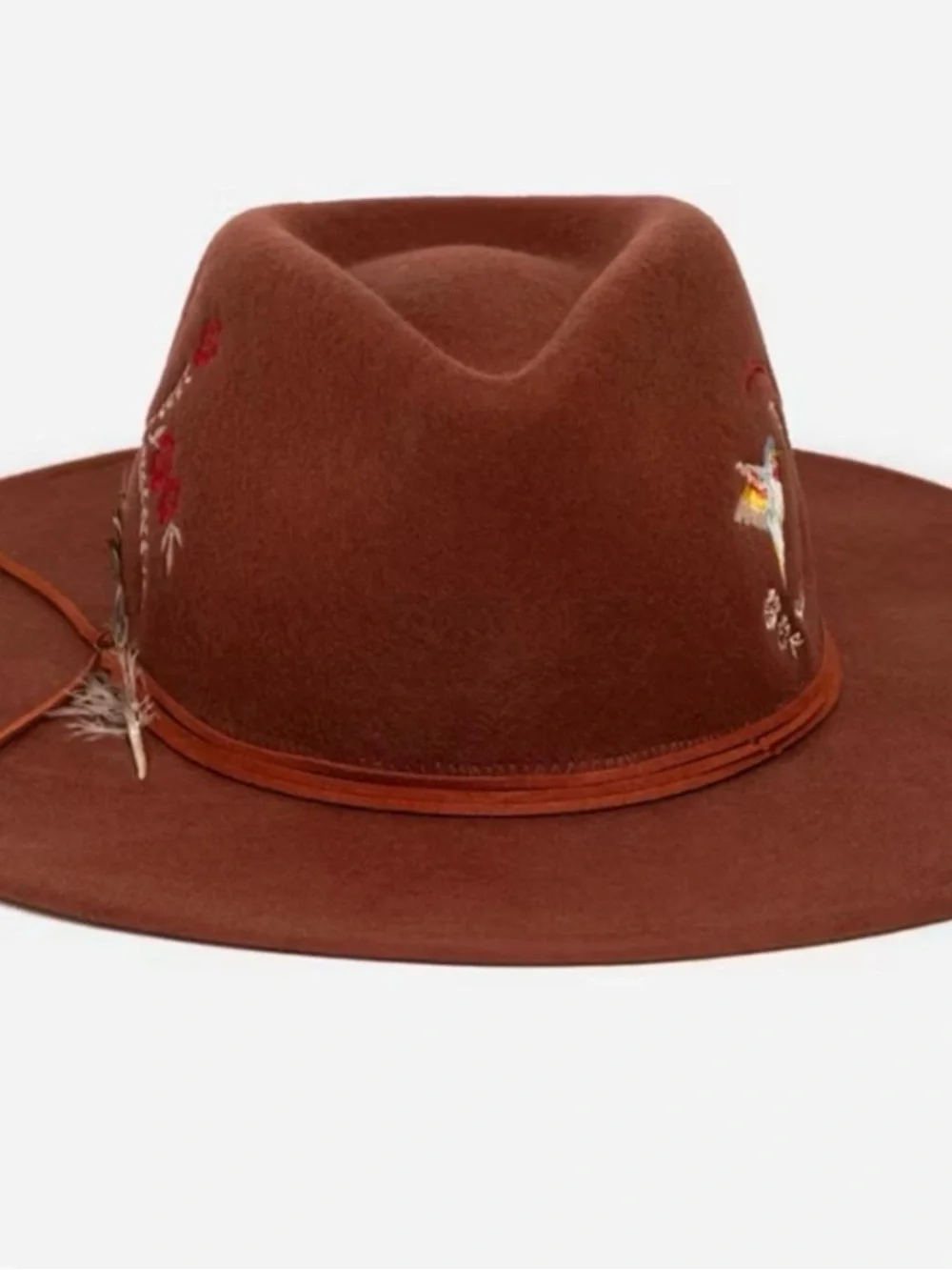 Johnny Was Fedora Hat Rust Color Embroidered Wool with Blue Hummingbird Feather